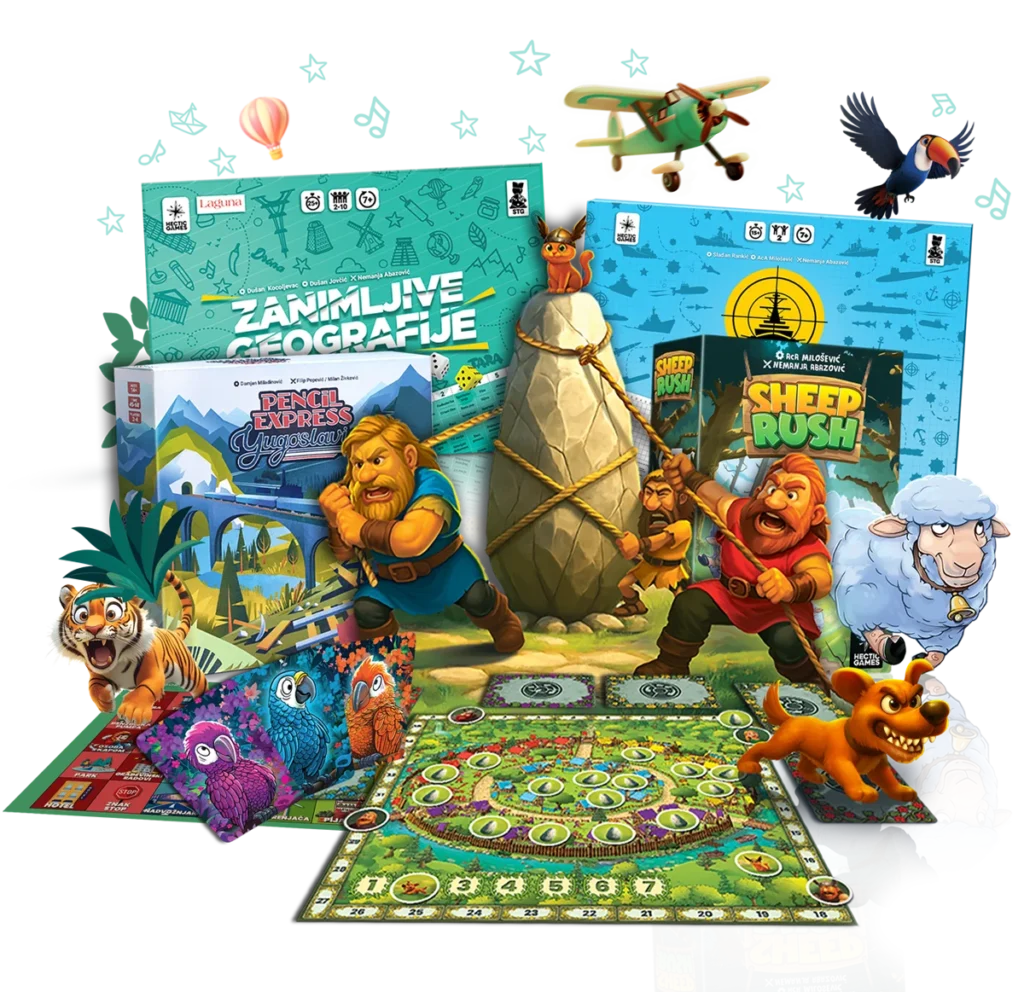 Hectic Games board games hero image with multiple characters and games. Hectic Games - Zanimljive društvene igre koje okupljaju ekipu