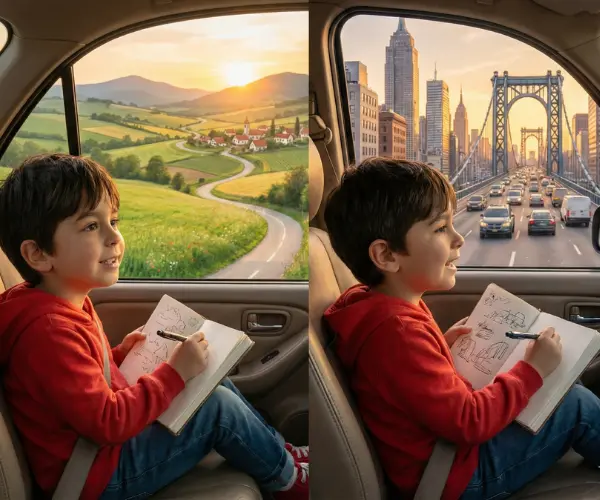 Prozor Patrola drustvena igra slika gde dete na razlicitim putevima gleda razlicit pejzaz